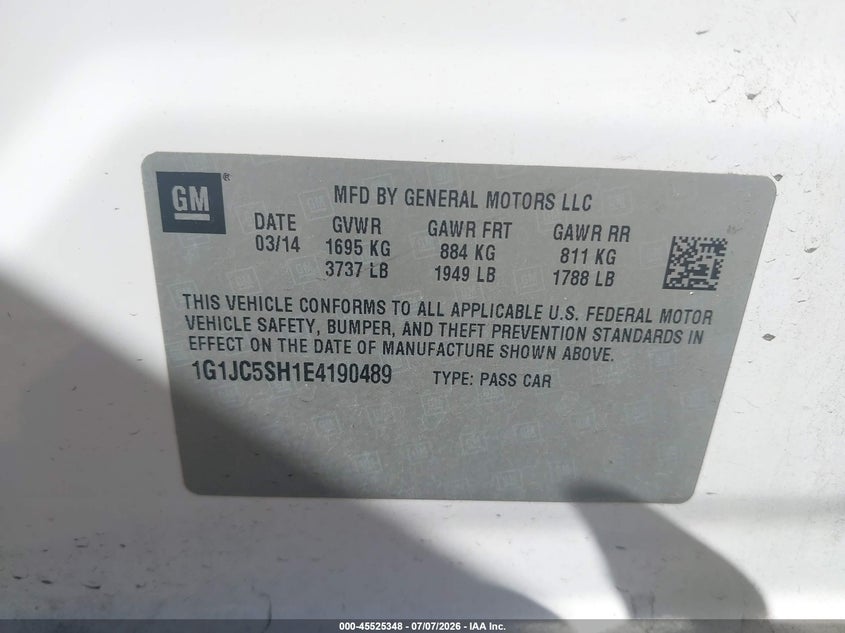 2014 Chevrolet Sonic Lt Auto VIN: 1G1JC5SH1E4190489 Lot: 45525348