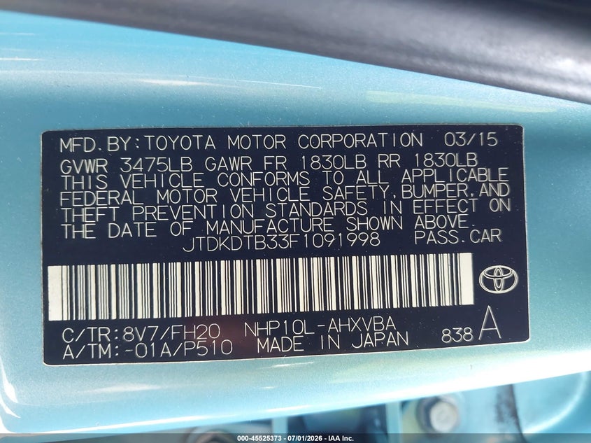 2015 Toyota Prius C One VIN: JTDKDTB33F1091998 Lot: 45525373