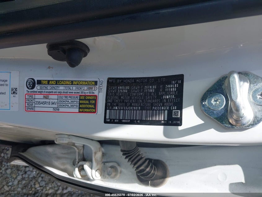 2018 Honda Clarity Plug-In Hybrid Touring VIN: JHMZC5F33JC020819 Lot: 45525378