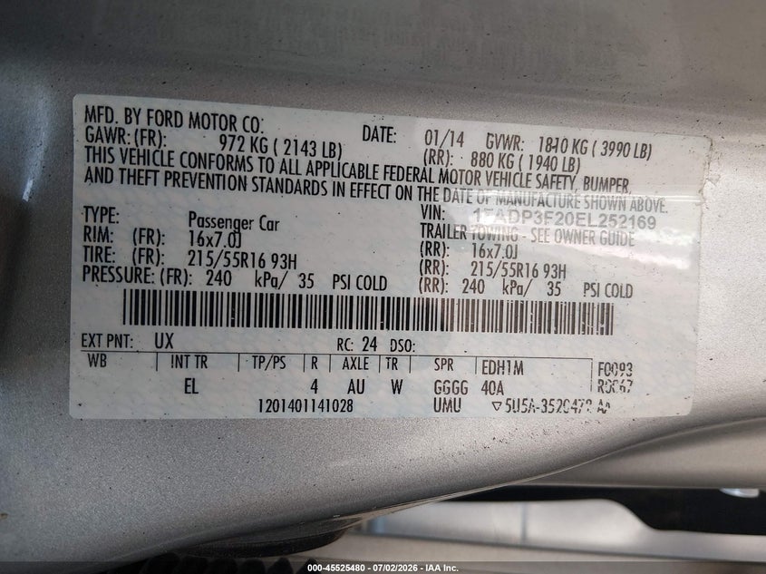 FORD FOCUS 2014 VIN 1FADP3F20EL252169