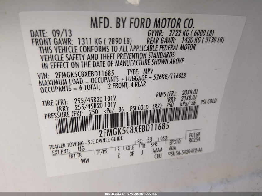 2014 Ford Flex Sel VIN: 2FMGK5C8XEBD11685 Lot: 45525547