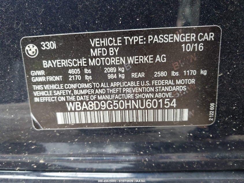 2017 BMW 330I xDrive VIN: WBA8D9G50HNU60154 Lot: 45525593