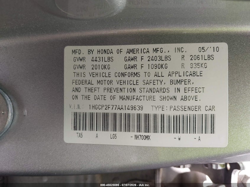 2010 Honda Accord 2.4 Ex VIN: 1HGCP2F77AA149639 Lot: 45525595