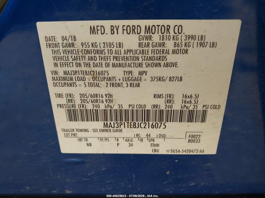 2018 Ford Ecosport Se VIN: MAJ3P1TE8JC216075 Lot: 45525623