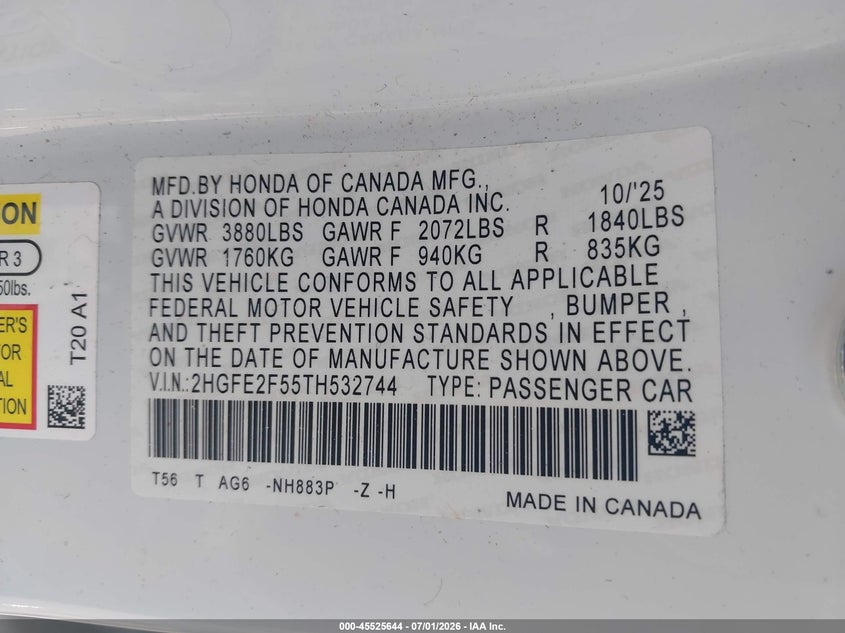 HONDA CIVIC 2026 VIN 2HGFE2F55TH532744