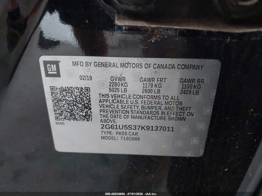 2019 Cadillac Xts W20 Livery Package VIN: 2G61U5S37K9137011 Lot: 45525688