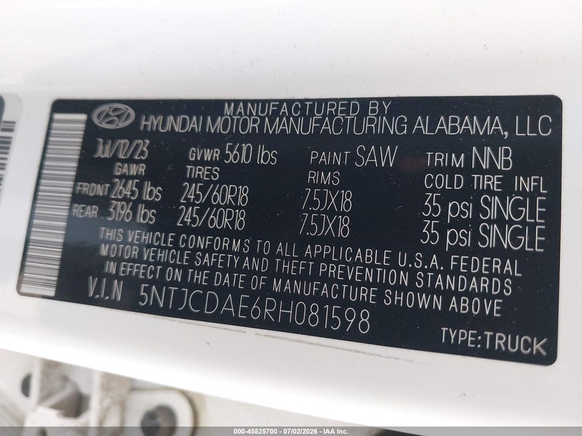 2024 Hyundai Santa Cruz Sel VIN: 5NTJCDAE6RH081598 Lot: 45525700