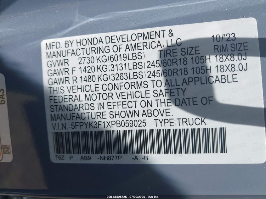 2023 Honda Ridgeline Sport VIN: 5FPYK3F1XPB059025 Lot: 45525725