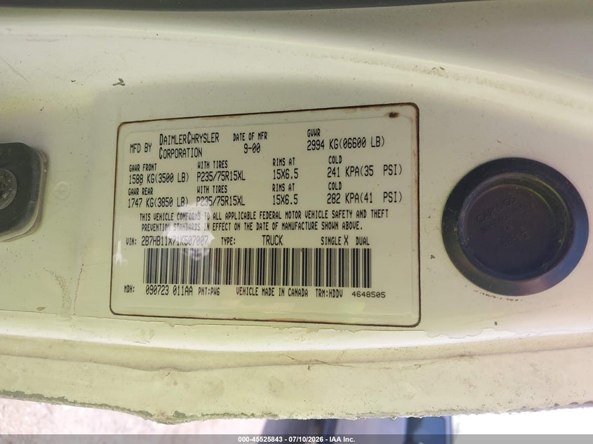 2001 Dodge Ram Van 1500 Conversion VIN: 2B7HB11X71K507007 Lot: 45525843