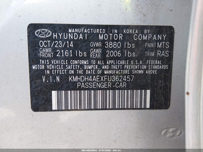 HYUNDAI ELANTRA 2015 VIN KMHDH4AEXFU362457