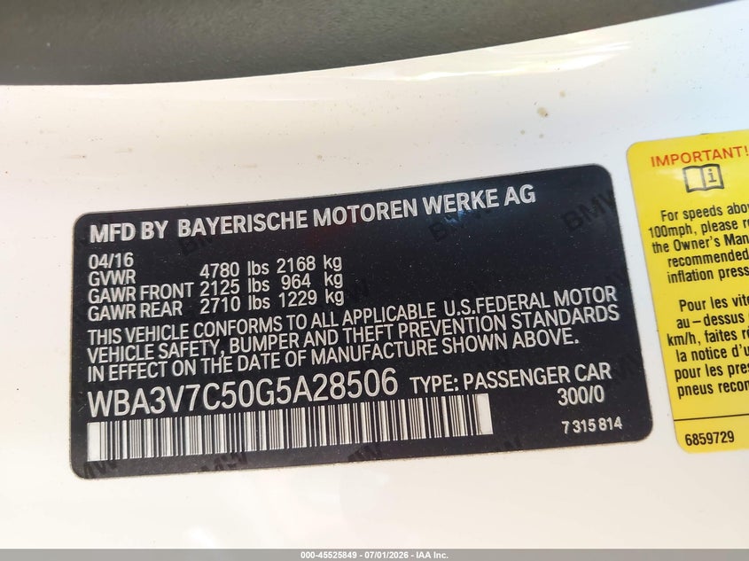 2016 BMW 428I VIN: WBA3V7C50G5A28506 Lot: 45525849