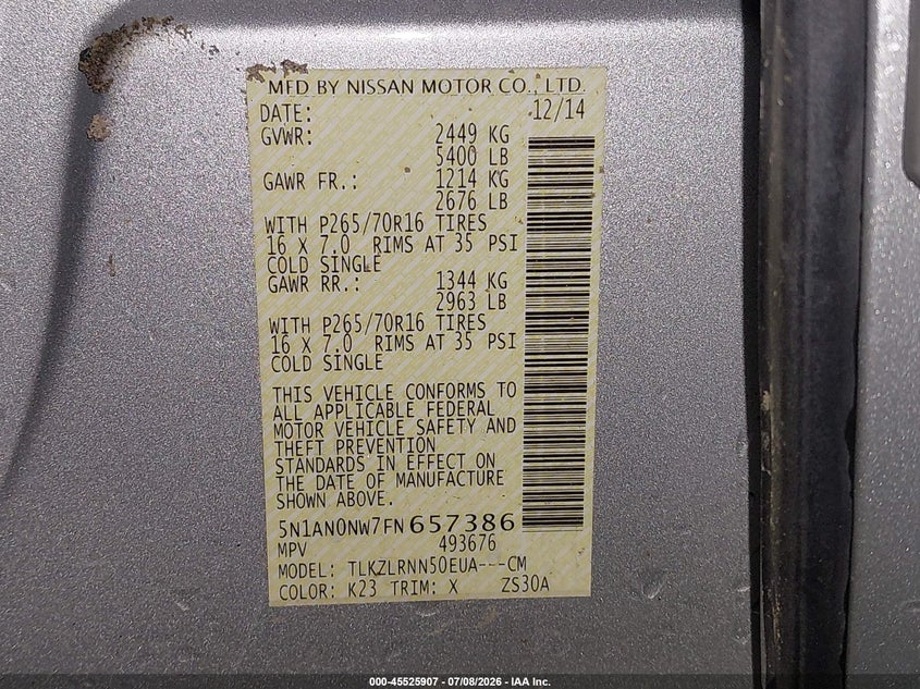 2015 Nissan Xterra S VIN: 5N1AN0NW7FN657386 Lot: 45525907