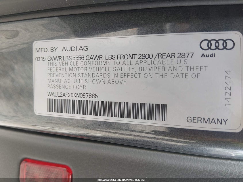 2019 Audi A6 55 Premium VIN: WAUL2AF29KN097885 Lot: 45525944