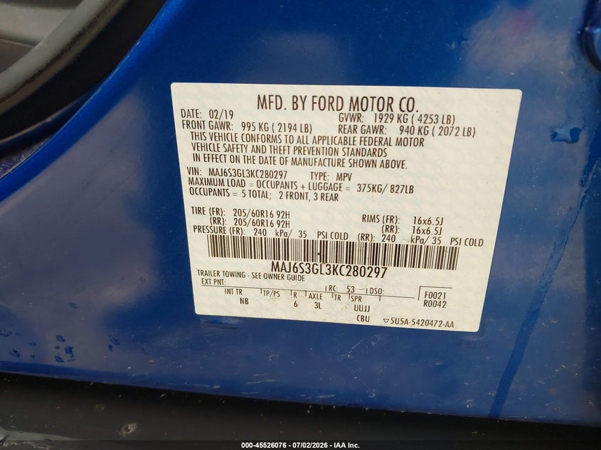 2019 Ford Ecosport Se VIN: MAJ6S3GL3KC280297 Lot: 45526076