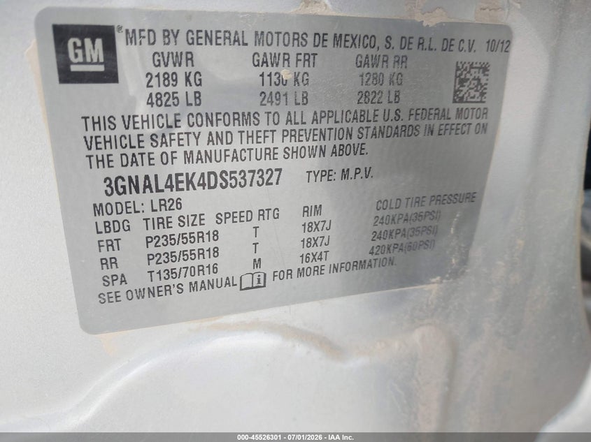 2013 Chevrolet Captiva Sport Fleet Ltz VIN: 3GNAL4EK4DS537327 Lot: 45526301