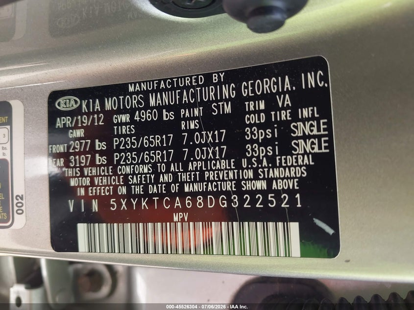 KIA SORENTO 2013 VIN 5XYKTCA68DG322521