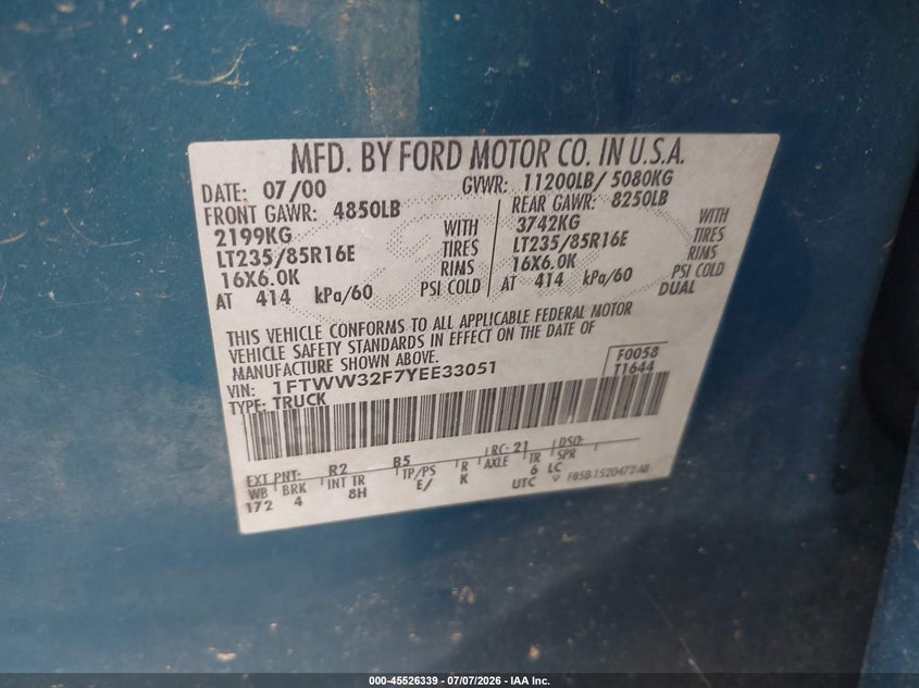 2000 Ford Super Duty F-350 Drw Lariat/Xl/Xlt VIN: 1FTWW32F7YEE33051 Lot: 45526339