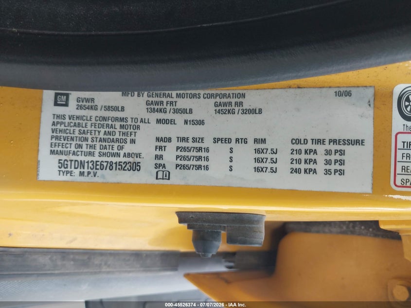 2007 Hummer H3 Suv VIN: 5GTDN13E678152305 Lot: 45526374