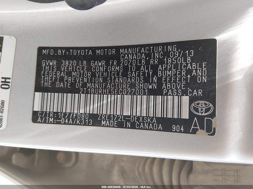 2014 TOYOTA COROLLA SEDAN 1.8L I-4 DOHC, VVT, 132HP