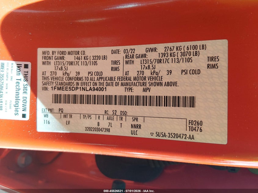 2022 Ford Bronco VIN: 1FMEE5DP1NLA94001 Lot: 45526521
