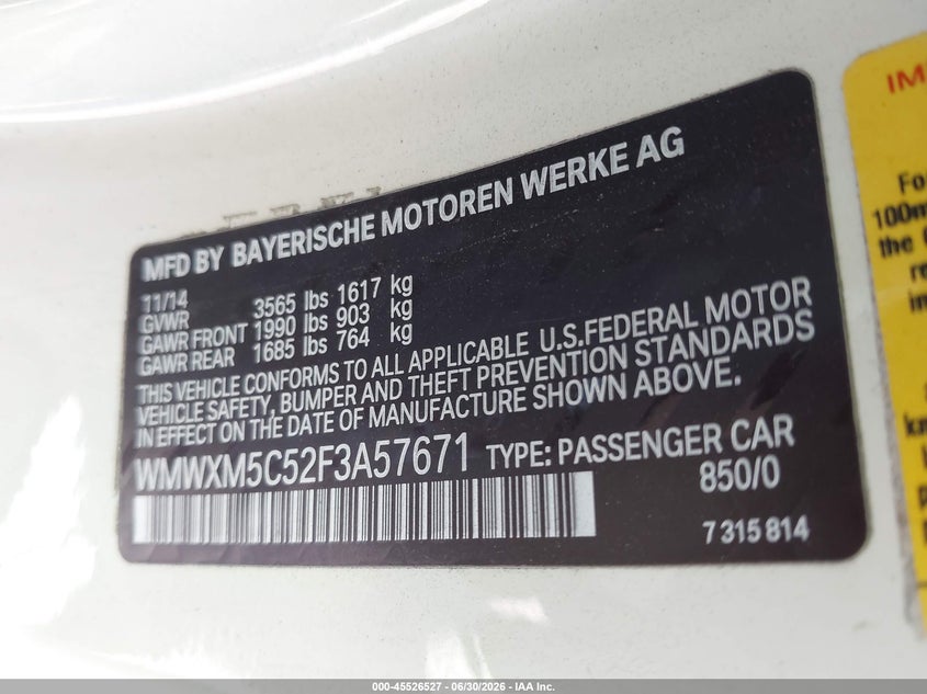 2015 Mini Hardtop Cooper VIN: WMWXM5C52F3A57671 Lot: 45526527
