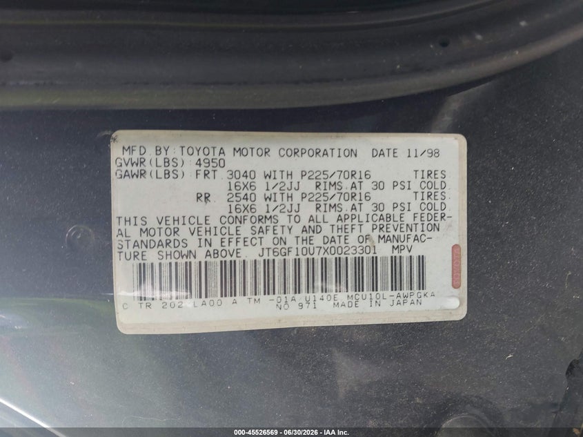 1999 LEXUS RX SPORT UTILITY VEHICLE 3.0L V-6 DOHC, VVT, 220HP