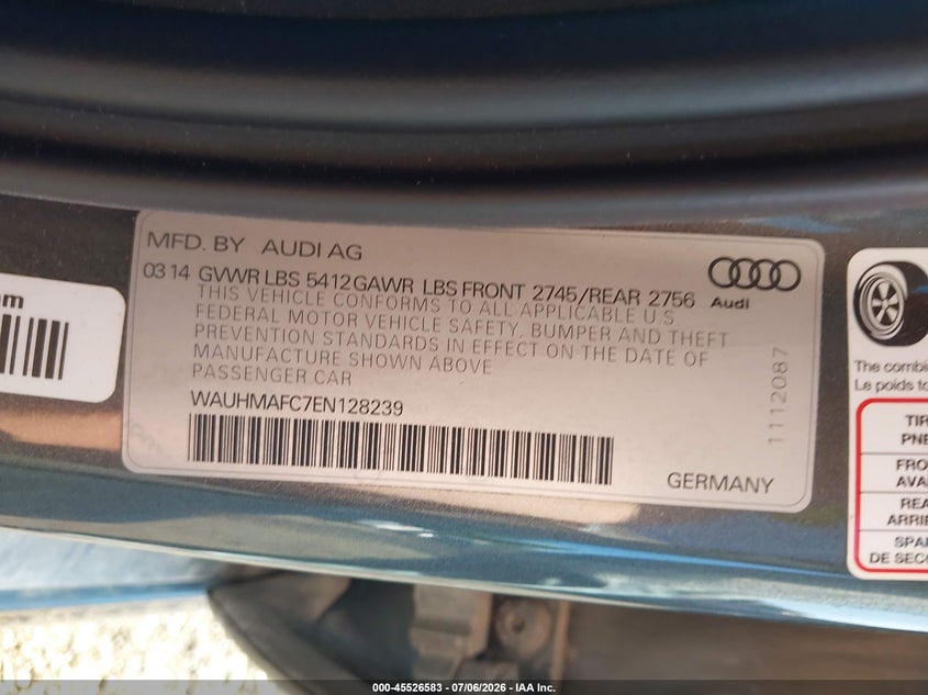 2014 Audi A6 3.0 Tdi Premium Plus VIN: WAUHMAFC7EN128239 Lot: 45526583