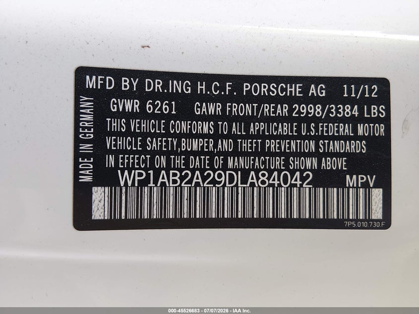 2013 Porsche Cayenne S VIN: WP1AB2A29DLA84042 Lot: 45526683
