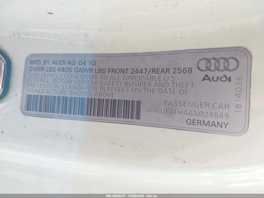 2010 Audi A5 2.0T Premium VIN: WAUJFAFH4AN024549 Lot: 45526767