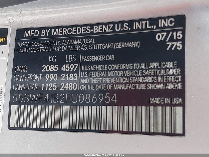MERCEDES-BENZ C 300 2015 VIN 55SWF4JB2FU086954