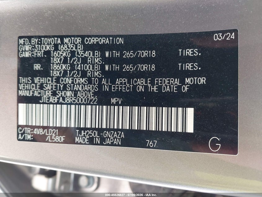 2024 Toyota Land Cruiser First Edition VIN: JTEABFAJ8R5000722 Lot: 45526827