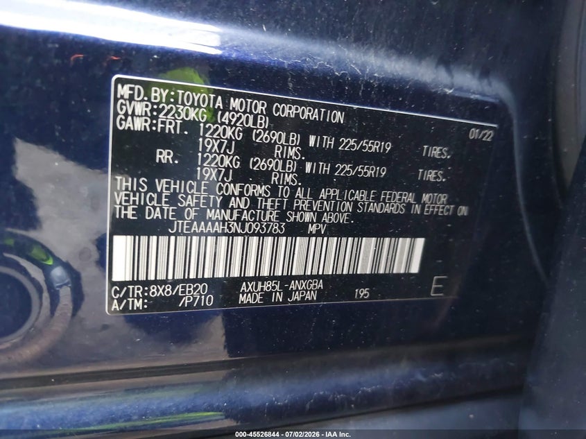 2022 Toyota Venza Xle VIN: JTEAAAAH3NJ093783 Lot: 45526844