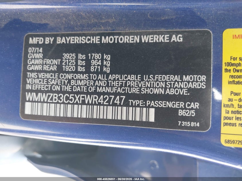 2015 Mini Countryman Cooper VIN: WMWZB3C5XFWR42747 Lot: 45526851