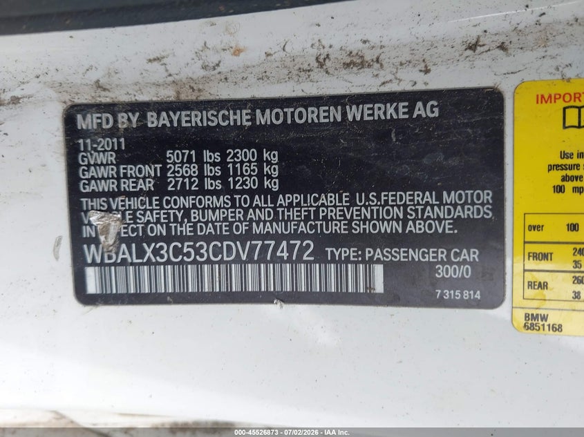 2012 BMW 650I VIN: WBALX3C53CDV77472 Lot: 45526873