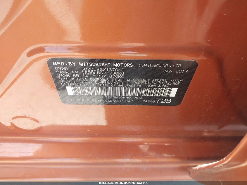 2017 Mitsubishi Mirage Es VIN: ML32A3HJ0HH019555 Lot: 45526989