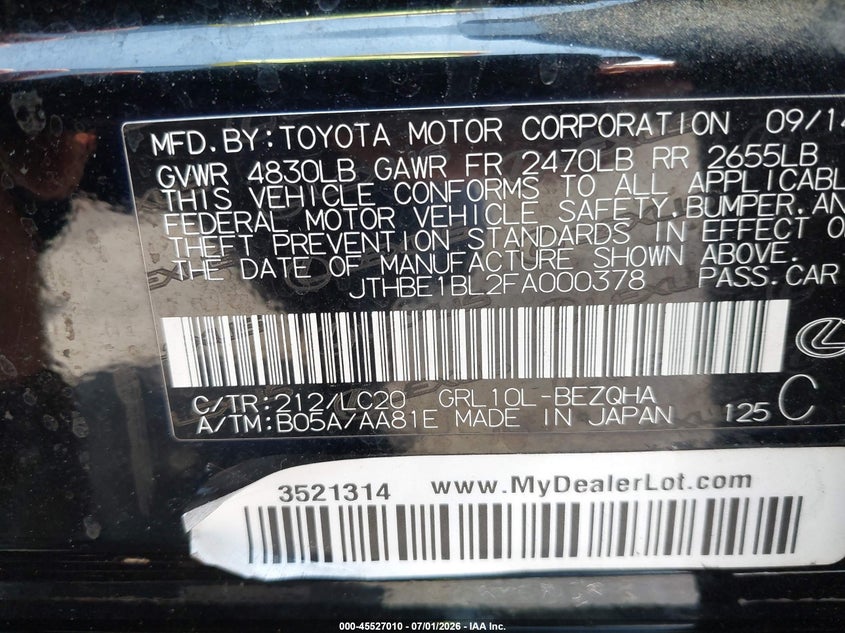 2015 Lexus Gs 350 VIN: JTHBE1BL2FA000378 Lot: 45527010