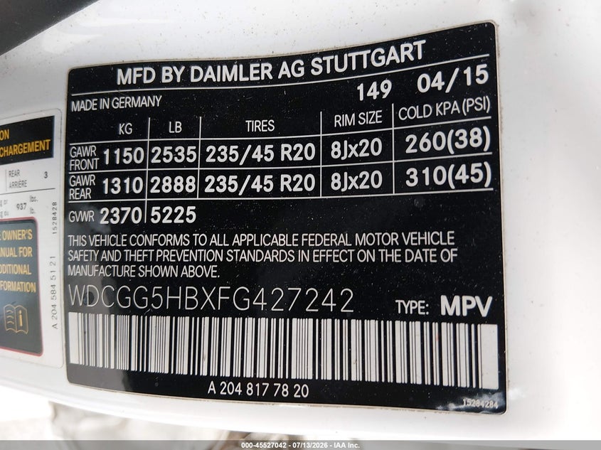 2015 Mercedes-Benz Glk 350 VIN: WDCGG5HBXFG427242 Lot: 45527042