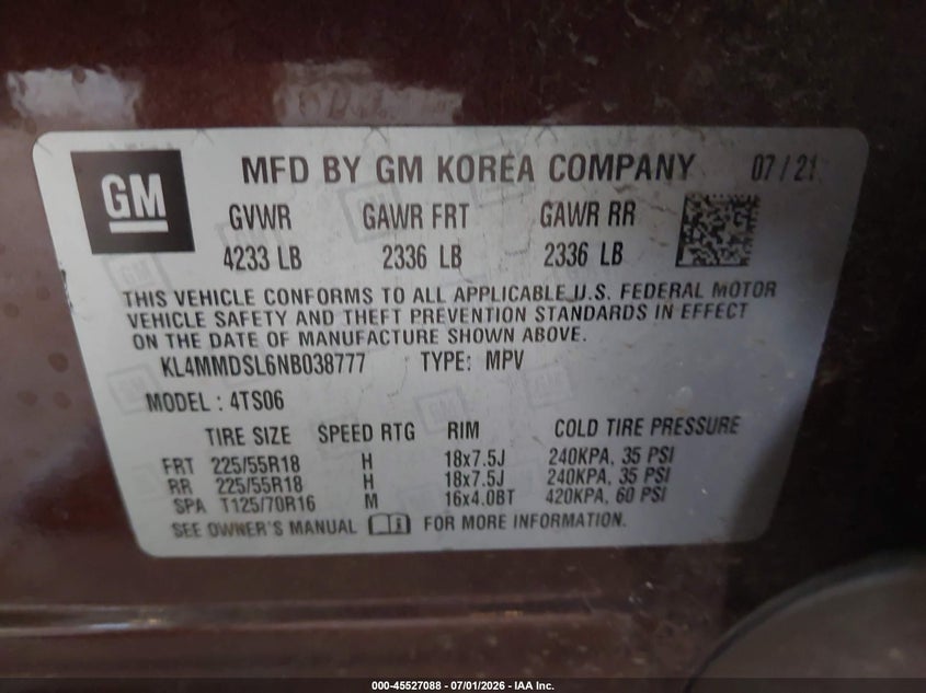 2022 Buick Encore Gx Fwd Select VIN: KL4MMDSL6NB038777 Lot: 45527088