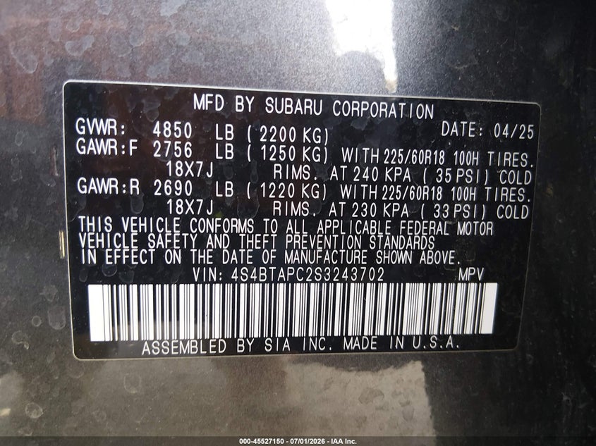 VIN: 4S4BTAPC2S3243702 2025 SUBARU OUTBACK TOURING