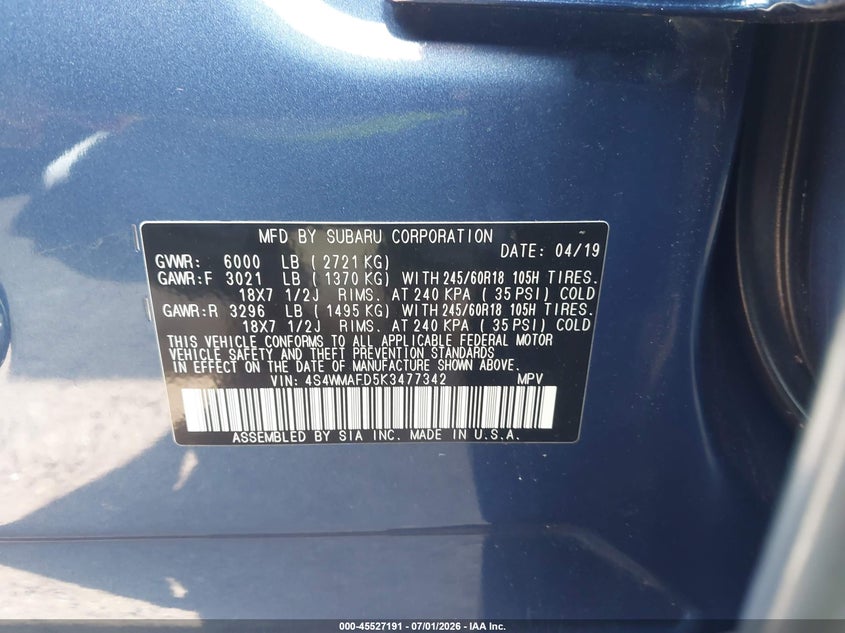 2019 Subaru Ascent Premium VIN: 4S4WMAFD5K3477342 Lot: 45527191
