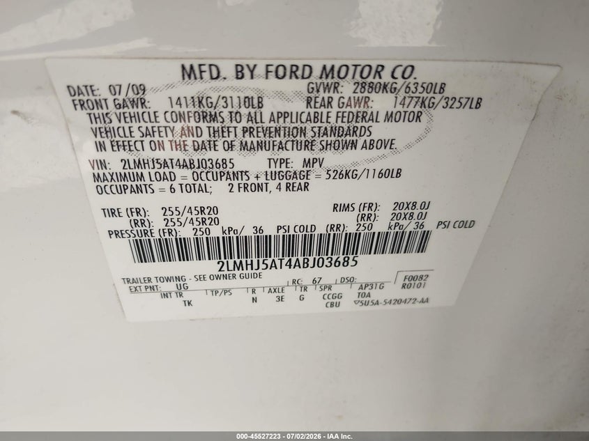 2010 Lincoln Mkt Ecoboost VIN: 2LMHJ5AT4ABJ03685 Lot: 45527223