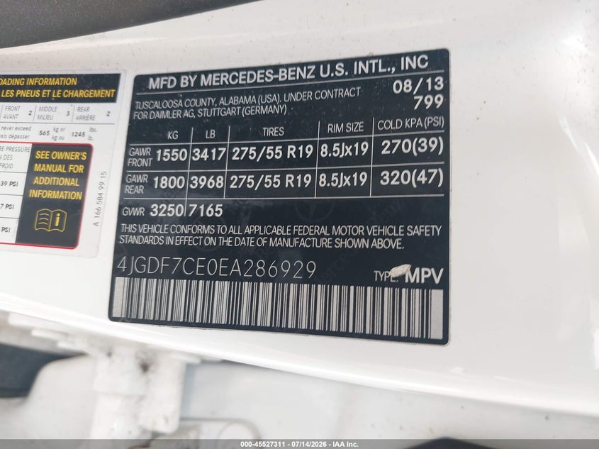 2014 Mercedes-Benz Gl 450 4Matic VIN: 4JGDF7CE0EA286929 Lot: 45527311