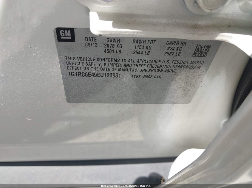 2014 Chevrolet Volt VIN: 1G1RC6E49EU123981 Lot: 45527332
