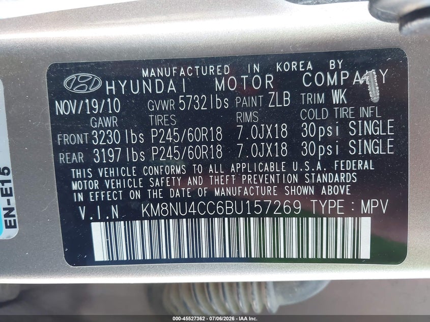 2011 Hyundai Veracruz Limited VIN: KM8NU4CC6BU157269 Lot: 45527362