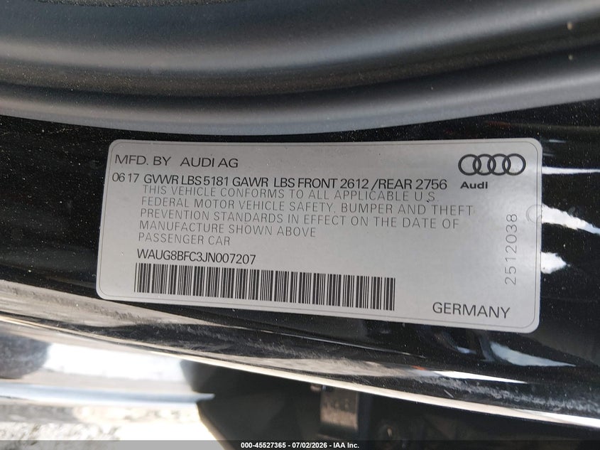 2018 Audi A6 2.0T Premium Plus VIN: WAUG8BFC3JN007207 Lot: 45527365