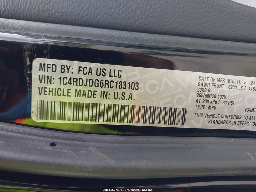 2024 Dodge Durango Gt Plus Awd VIN: 1C4RDJDG6RC183103 Lot: 45527381