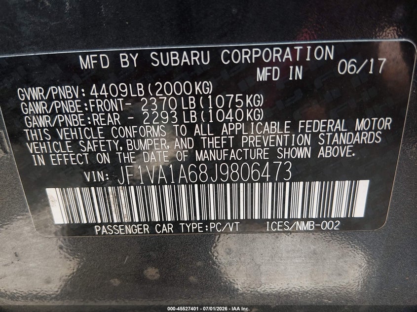 2018 Subaru Wrx VIN: JF1VA1A68J9806473 Lot: 45527401