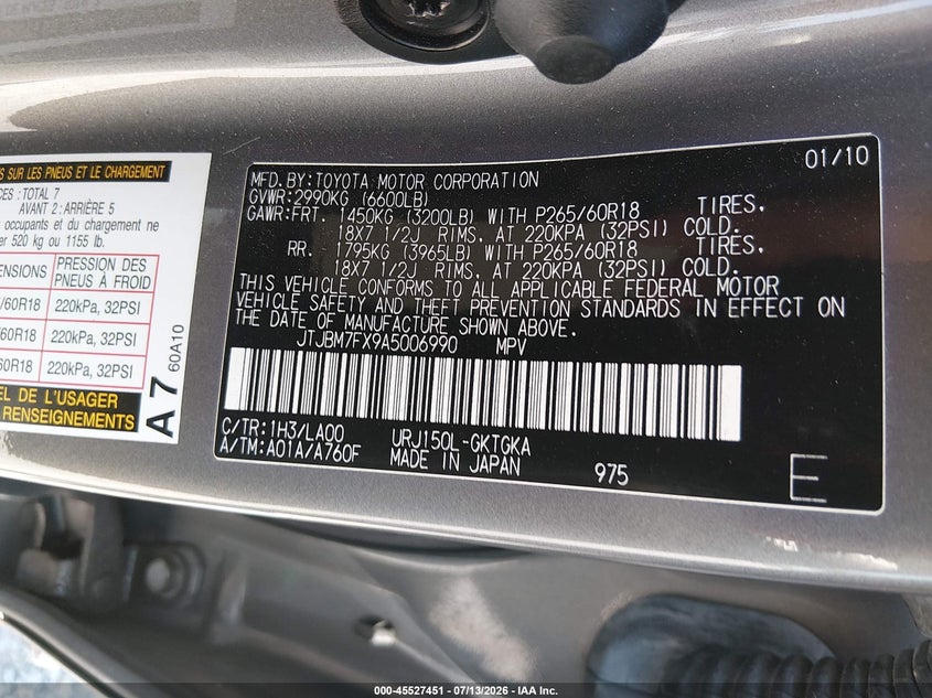2010 Lexus Gx 460 VIN: JTJBM7FX9A5006990 Lot: 45527451