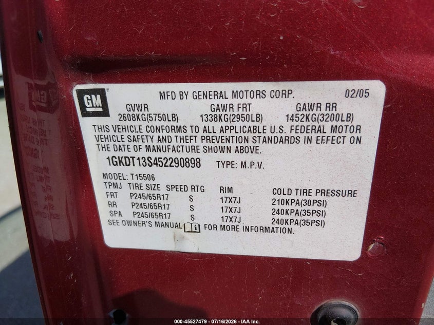 2005 GMC Envoy Sle VIN: 1GKDT13S452290898 Lot: 45527479