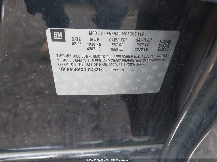 2016 Cadillac Ats Standard VIN: 1G6AA5RAXG0146218 Lot: 45527480